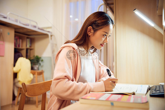 女大学生考研前在宿舍认真复习图片