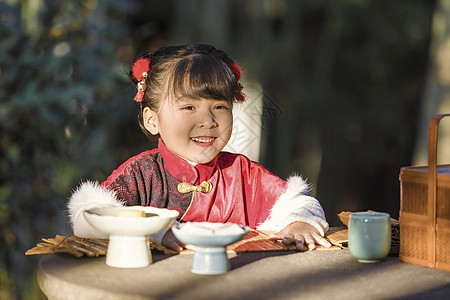 中国风桌中国风儿童新年逛公园吃点心背景