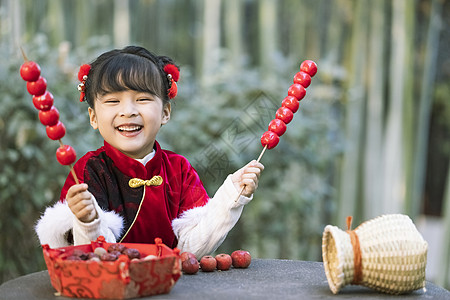 古代新年素材中国风儿童新年逛公园吃糖葫芦背景