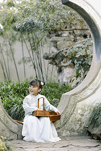 中国风儿童汉服小女孩提篮子背景图片