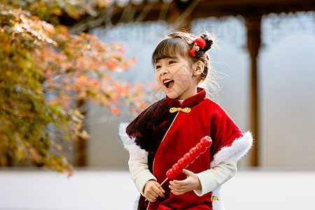 女孩和小鸟中国风儿童新年拿糖葫芦逛公园背景