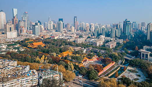 古代建筑南京博物馆朝天宫与现代建筑航拍背景