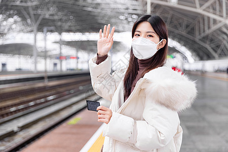 手抓票拿着动车票挥手告别的女性背景