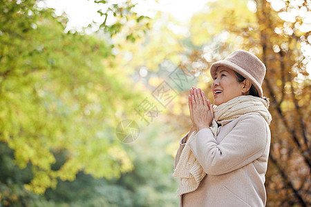 老奶奶秋季保暖逛公园看秋季风景高清图片