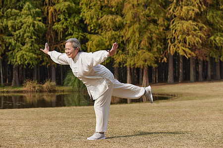 秋季老奶奶养生运动公园里练太极武术功夫高清图片