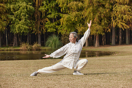 秋季老奶奶养生运动公园里练太极武术功夫背景图片