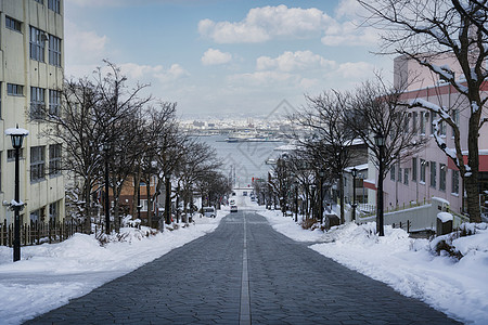 日本北海道雪景日本北海道函馆延伸到大海的道路背景