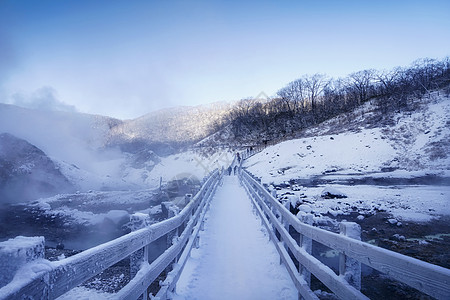 地狱谷冬天日本北海道地狱谷雪地栈道背景