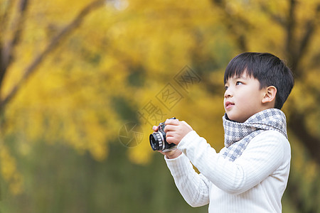 拿相机男孩秋季儿童银杏树下拿相机拍照背景