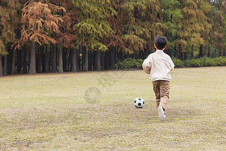 秋季小男孩公园里踢足球背影图片