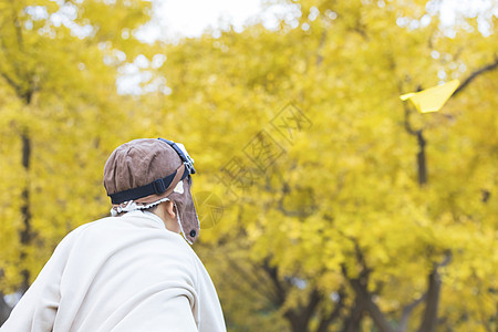 秋季小男孩银杏树下扔纸飞机图片