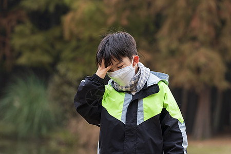 戴阳镜的小男孩秋冬儿童户外戴口罩发烧头痛背景
