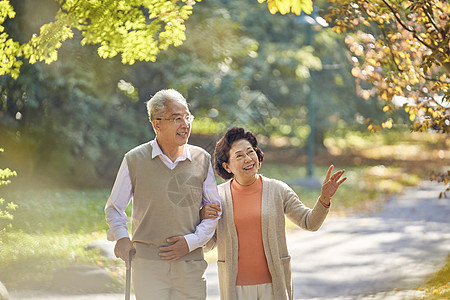 走路老年夫妇公园散步背景