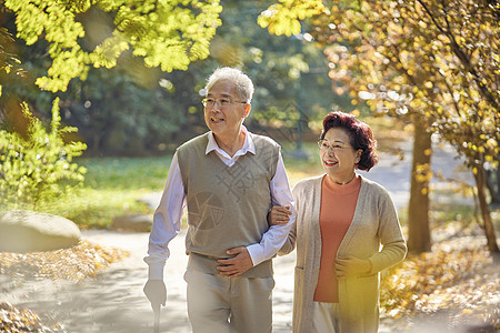 冬季晨练老年夫妇公园散步背景