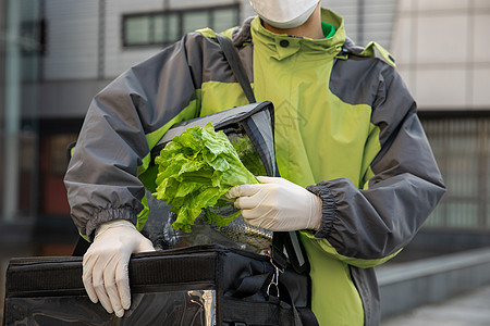 防毒面具口罩配送生鲜果蔬的配送员疫情防护背景