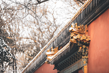 方建筑南京明孝陵文武方门红墙上冬天的雪背景