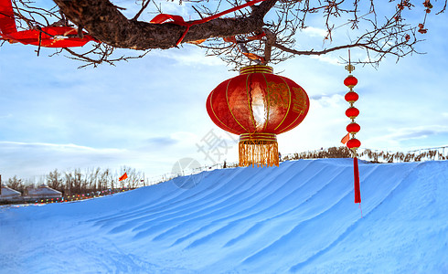 喜庆大红灯笼内蒙古冬季大红灯笼高高挂背景