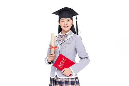 戴学士帽手拿毕业证书的青少年女学生高清图片