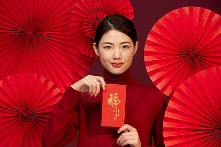 新年春节中国风国潮美女送红包背景图片