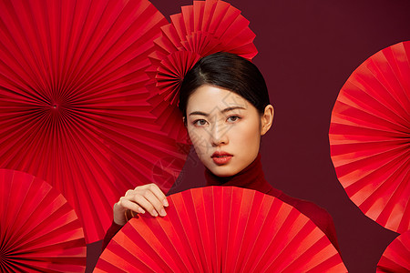 红色刺绣中国风国潮创意美女背景