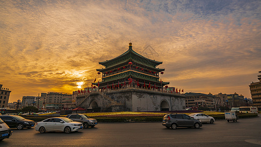 古城西安清晨霞光下的钟楼背景