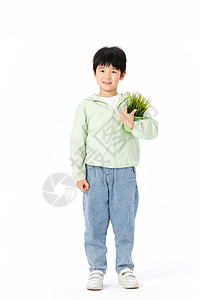 绿植手绘抱着一盆绿植的小男孩背景