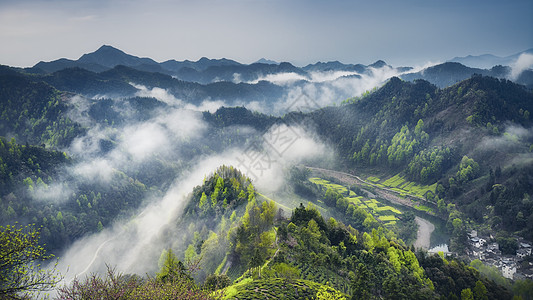 皖南山区歙县石潭村云雾背景