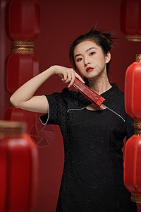 中式灯中国风美女手拿折扇背景