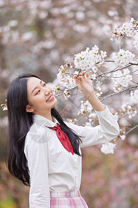 樱花树下春季樱花少女逛公园赏花背景