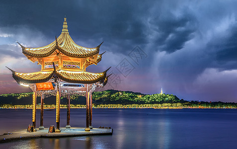 浙江杭州西湖夜景杭州西湖公园集贤亭背景