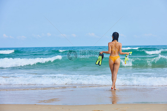 比基尼美女海边拿着浮潜装备背影图片