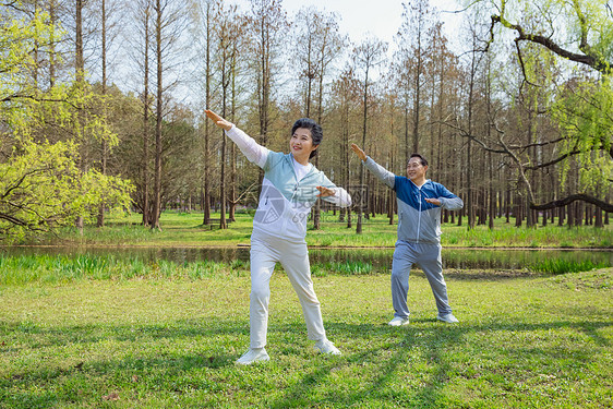 老年夫妇公园晨练图片