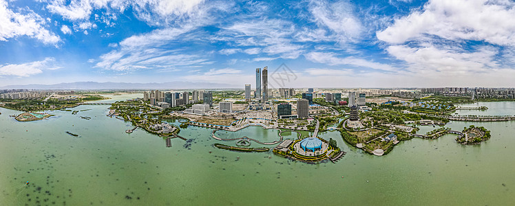 悉尼海湾航拍蓝天白云下的宁夏银川阅海湾cbd金融中心背景