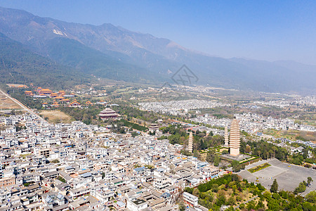 大理地标建筑航拍大理崇圣寺三塔背景