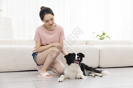 美女和宠物牧羊犬居家陪伴高清图片