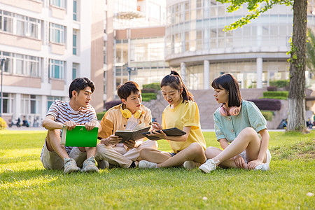 年轻大学生在草坪上讨论问题高清图片