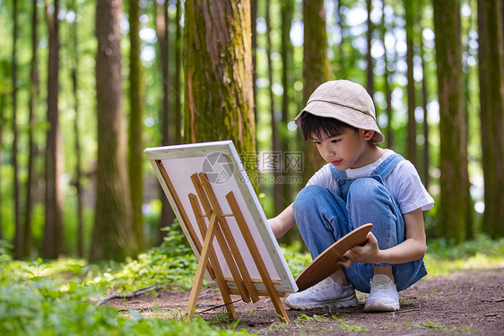 在树林里画画的小男孩图片