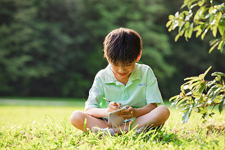 小男孩坐在草地上画画图片