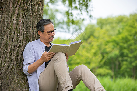 坐在树下阅读看书的中年男性背景图片