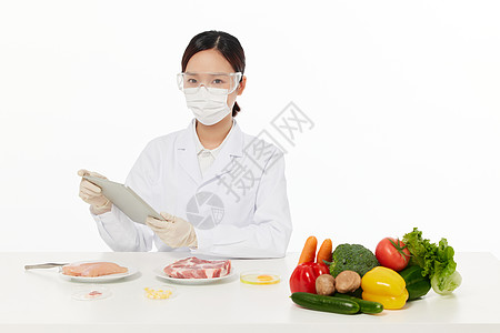 产品搭配女营养师对肉类进行质检背景