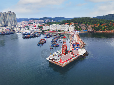 日照灯塔风景区大连5A风景区老虎滩海洋公园航拍渔人码头背景