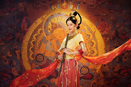 中国风敦煌美女拿竹笛图片