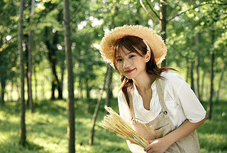 夏日美女夕阳下手拿麦穗的夏日清新美女背景