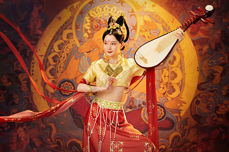 亚洲人壁纸中国风敦煌美女弹奏琵琶跳舞背景