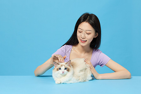 美女和猫青年女性与宠物猫快乐相伴背景