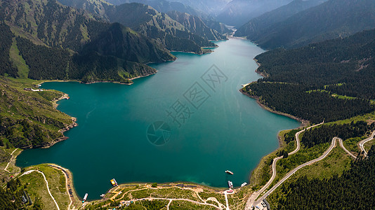 航拍5A新疆天山天池景区标志景点大天池背景图片