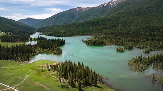 户外旅游航拍5A景区新疆阿勒泰喀纳斯第一道湾神仙湾背景