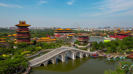 河南旅游航拍5A景区开封清明上河园景区繁华东京景观区背景