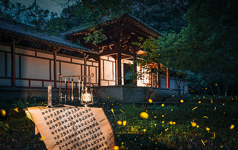 萤火虫夜景明孝陵夏天夜晚的萤火虫与古建筑背景