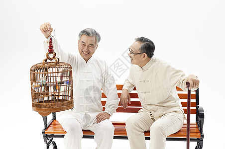 两位老年人坐公园长椅遛鸟聊天图片
